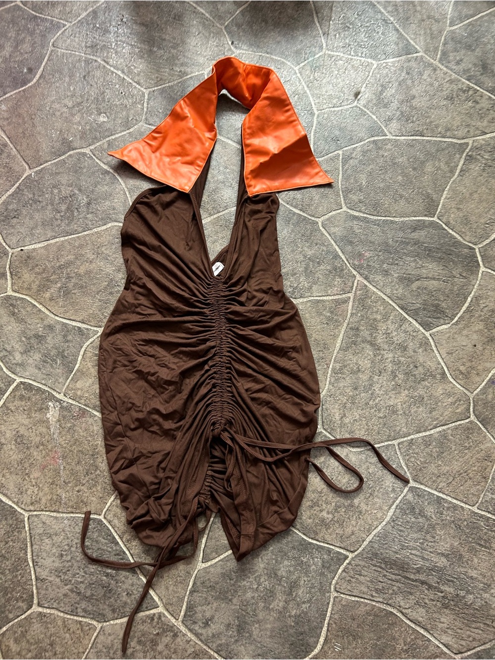 Chocolate Brown Ruched Backless Dress with Orange Satin Collar
